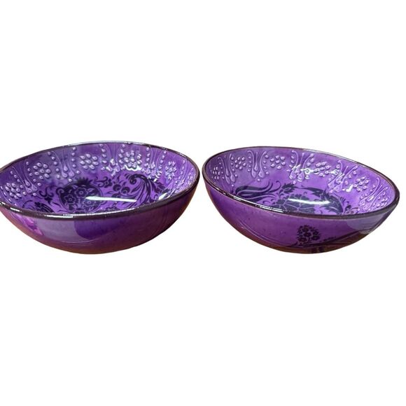Handmade Ceramic Bowls - Set of 2 Hand painted Turkish Pottery Purple Black - Picture 3 of 12